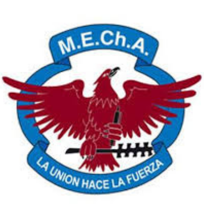 Logo of MEChA de SRJC with a phonix bird holding a "macana" and pen.