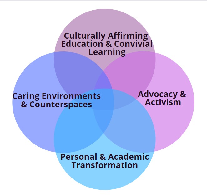 four circles in a ven diagram shape with the text around them that reads:personal and academic growth, convivial learning and popular education, caring environments and counter spaces, and advocacy and activism.