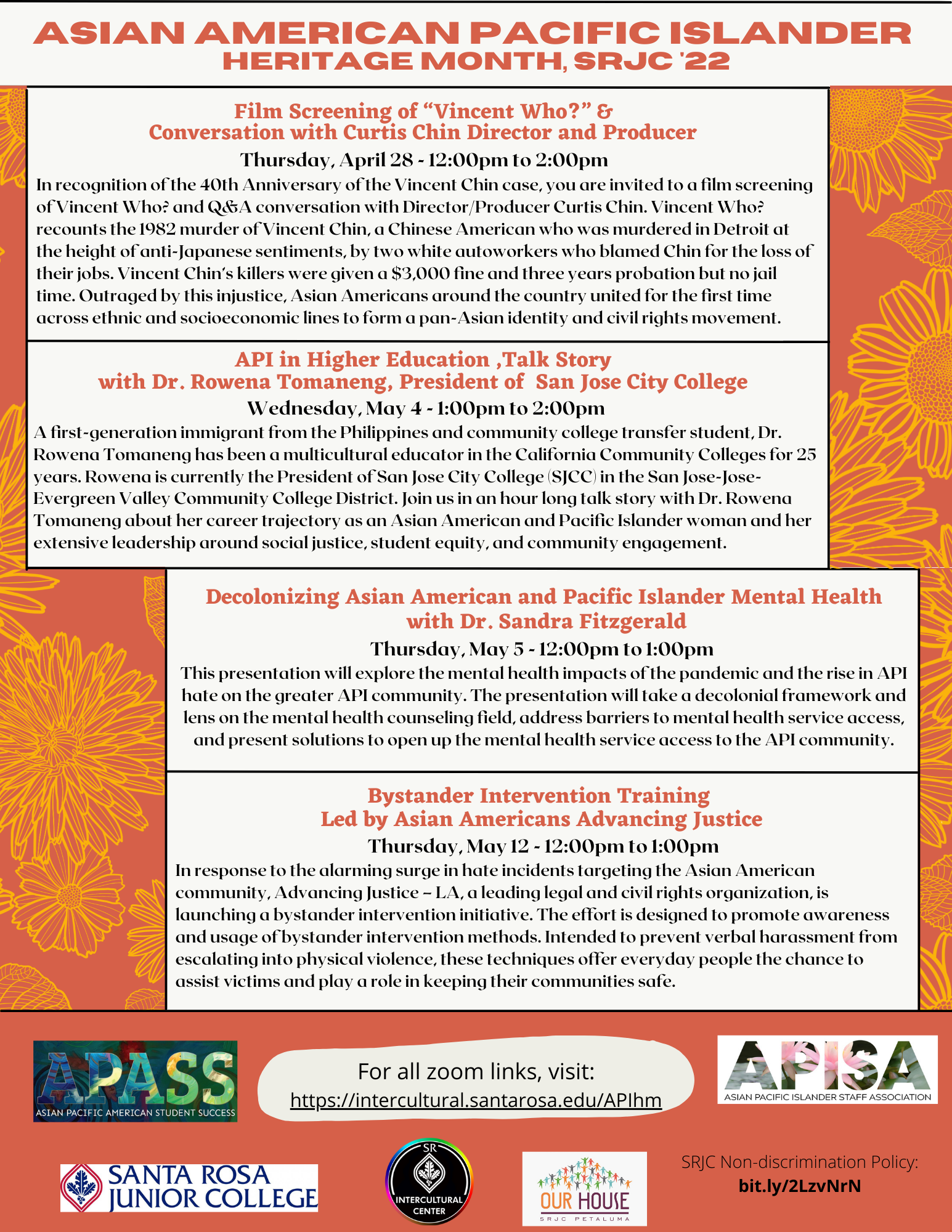 Flyer with a orange background and yellow flower outline overlay. Flyer reads "Asian American Pacific Islander History Month". All other text is to the left of the flyer
