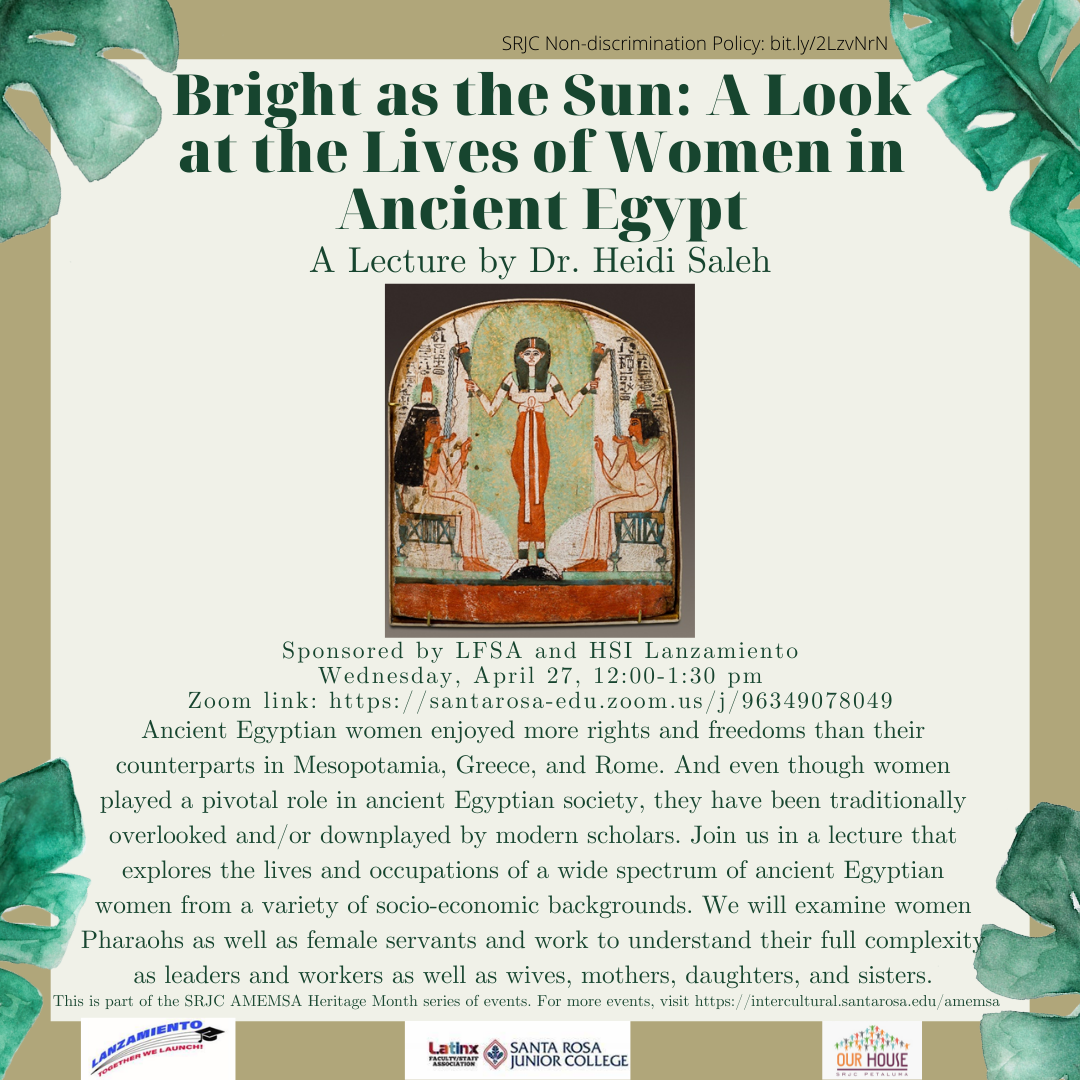 flyer with an ancient image of an Egyptian Queen. All text in flyer is below