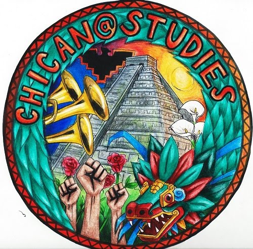 Image of a drawing of Quetzacoatl, pyramids, fists under the words: Chican@ Studies
