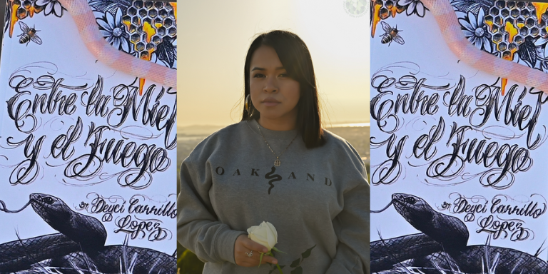 Headshot of Deyci with shoulder length hair, hoop earrings, and a crew neck sweatshirt that reads "Oakland". between cover of her book with the same title as event title.