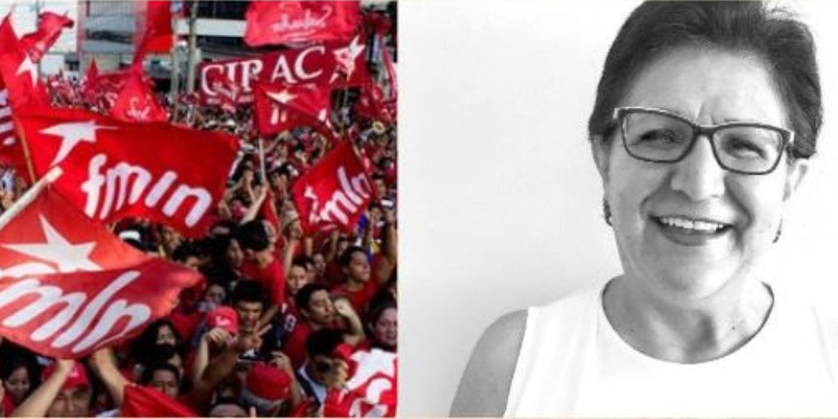Picture of Laura larque juxtaposed with a large crowd of hundreds of people with red FMLN signs