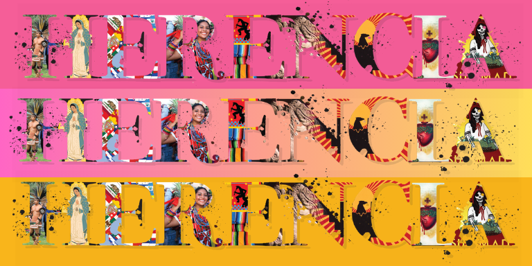 Images in each letter of the word Herencia. Includes Mexica dancers, flags, UFW images etc.