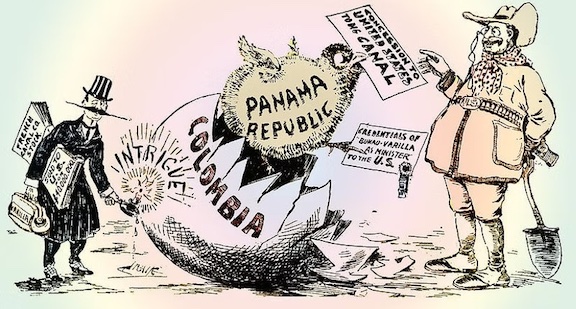 Political cartoon that shows an egg with the word "Colombia" written on it. A bird with the word "Panama Republic" written on it shown flying out of the egg carrying signs that read "Concession to United States to dig canal" and "Credentials of Bunau-Varilla as minister to the U.S." A caricature of Theodore Roosevelt is seen standing in front of the bird to collect the signs. A French man stands behind the egg with a lit candle. They are holding a candle's flame against the egg with the word "intrigue" coming out of the light. In their other hand they have a brief case. Under their arm is a stack of money that reads "French Canal CA stock bond to US. Sold to US $40,000,000”