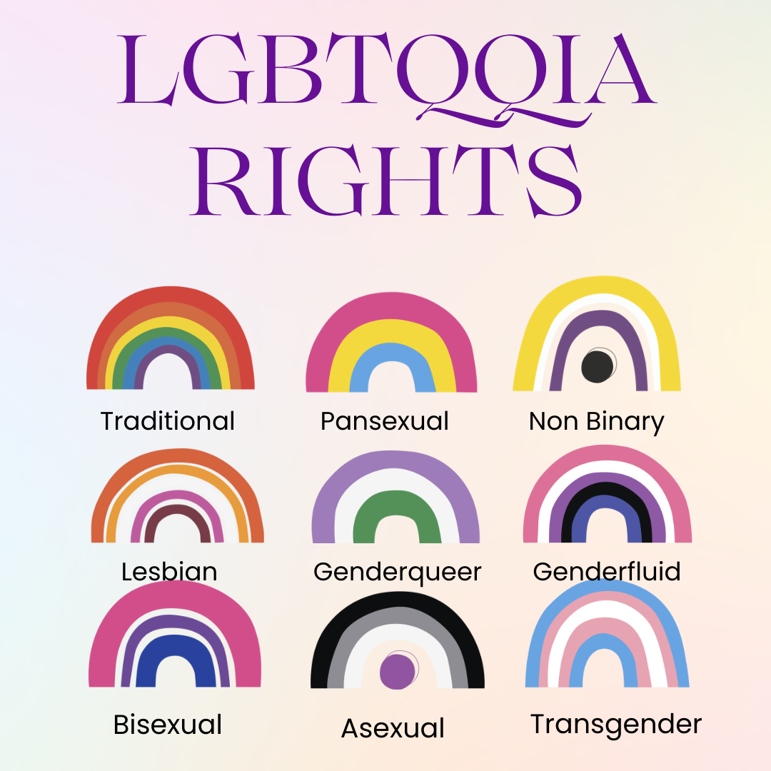 image with various colored rainbows with the words "LGBTQQIA Rights" and the words traditional, pansexual, non binary, lesbian, genderqueer, gender fluid, bisexual, asexual, transgender under each specific rainbow.