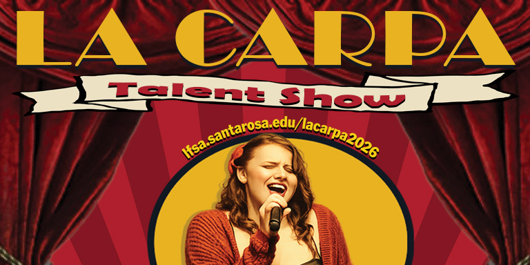 Image of a woman singing with red stage curtains. words overhead say La Carpa Talent Show