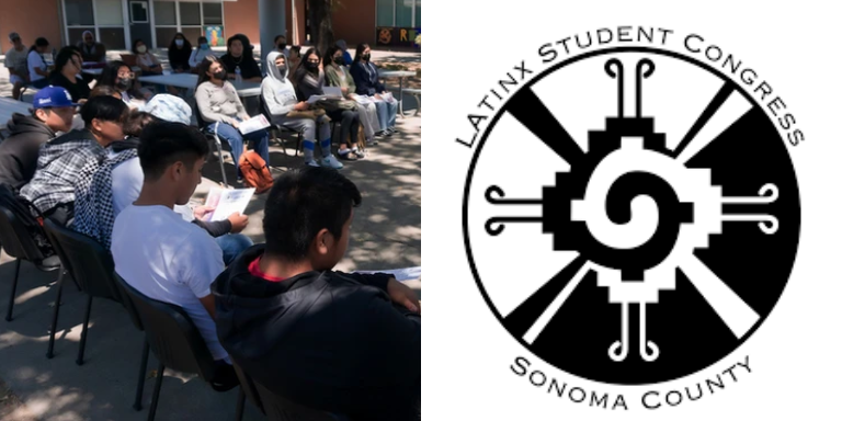 Image of youth sitting on chairs in a circle. Logo of "Latinx Student Congress"