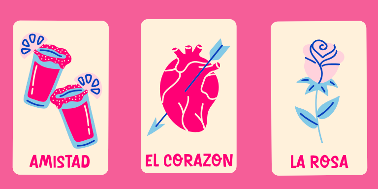 tres tarjetas de loteria: Amistad, corazon, la rosa