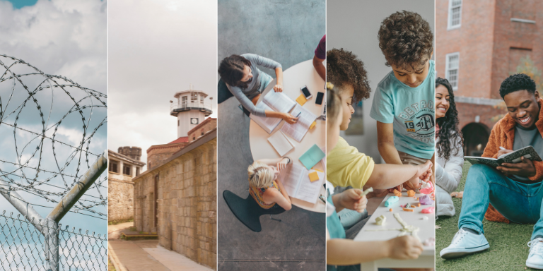 5 fragments of images, including barbed wire, prison building, group of people working together around a table, children working together with playdoh, people sitting on the grass laughing