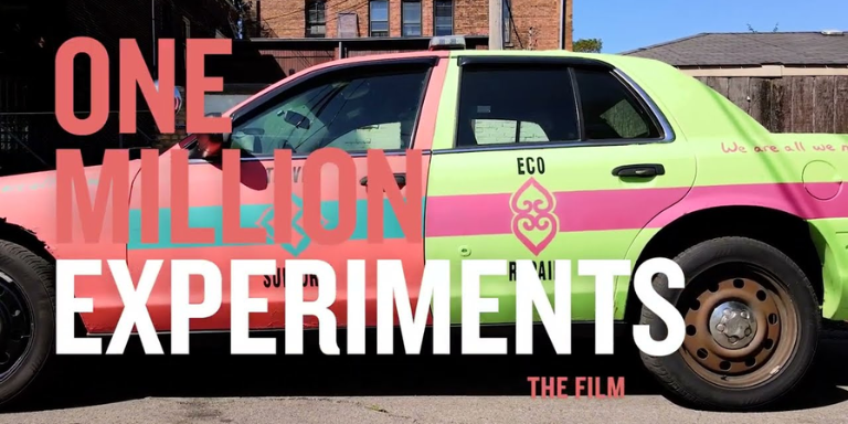 A "ford police inceptor" car painted pink and green. Text over the image reads "one million experiments" 