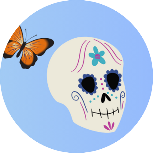 a sugar skull with a monarch butterfly