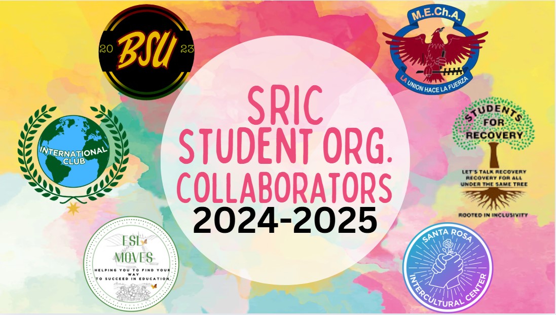 colorful tyedye background with the logos of BUS, MEChA, Student for Recovery, SRIC, ESL Moves, International Club