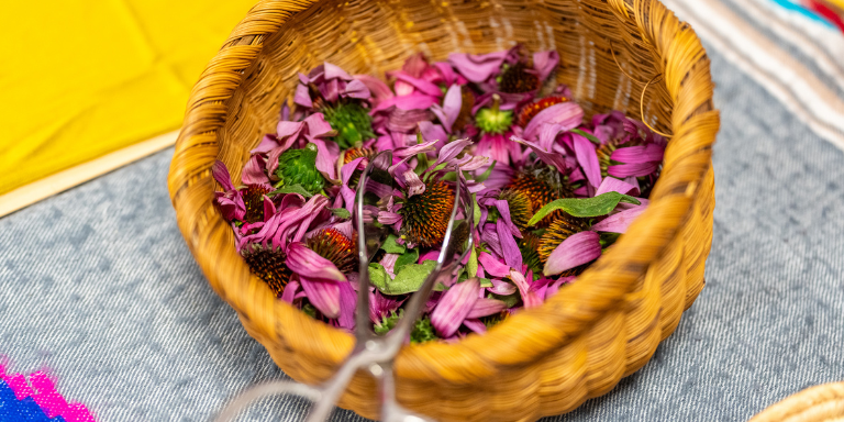 picture of flower petals in a tule basket