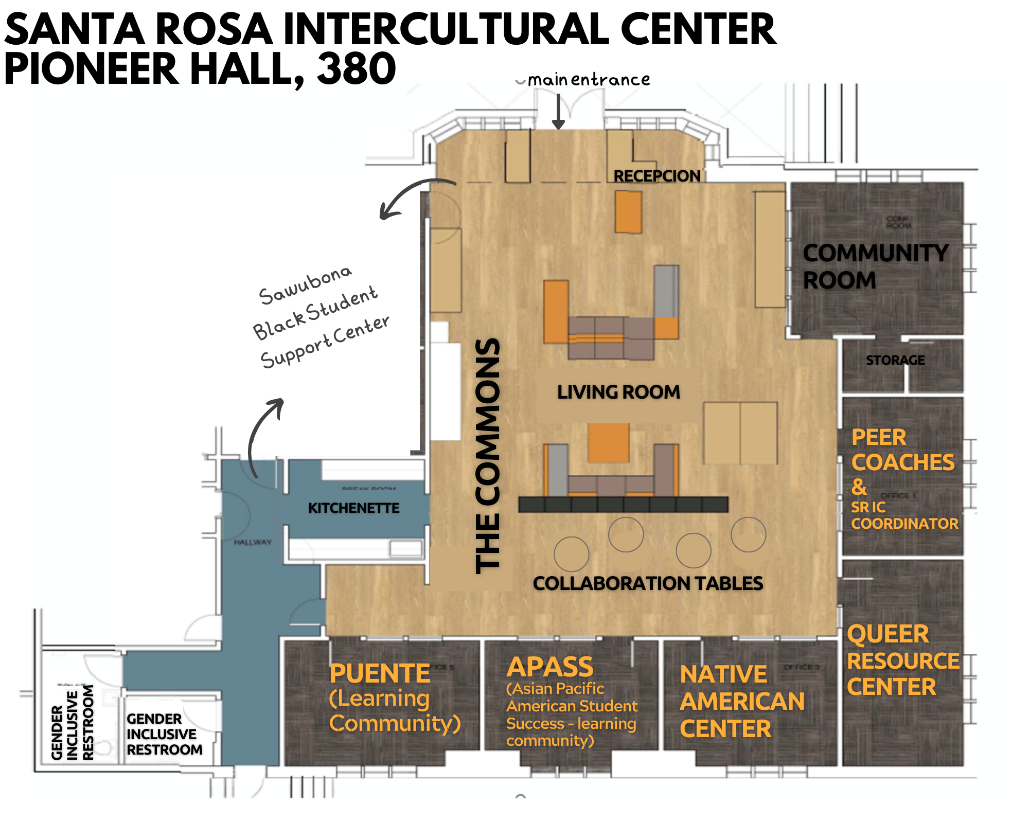 Map of inside the SR IC. All information provided about the centers, offices, and spaces on the image are written below