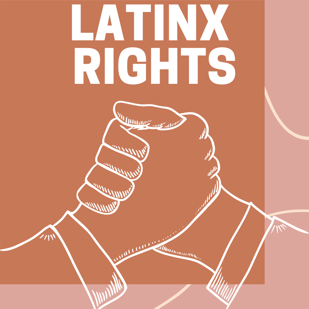 white text that reads "Latinx Rights" with an outline of two hands holding. The background is a terracotta colored box over a pink background