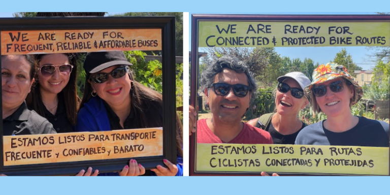 People holding a frame/sign that says "We are Ready for frequent, reliable, affordable busses" and "Connected & Protected Bikes Routes".