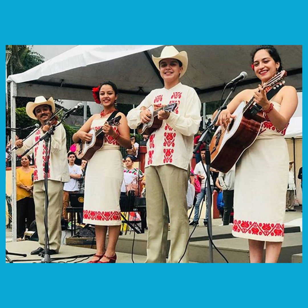 Image of four people standing on a stage with instruments in white and pink woven clothing