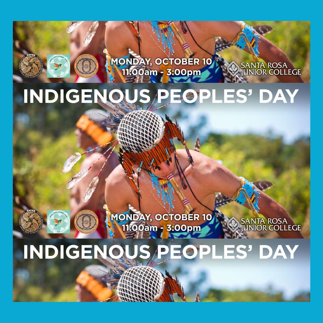 image of the words "indigenous peoples' day" written over a picture of a pomo dancer