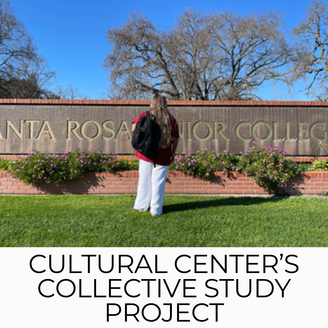 A student's back facing the camera. They have a black backpack hanging on one shoulder. They have white pants and red top. Their long hair falls down their back. They are facing a brick and metal sign that reads "Santa Rosa Junior College" with green grass and purple flowers around it.
