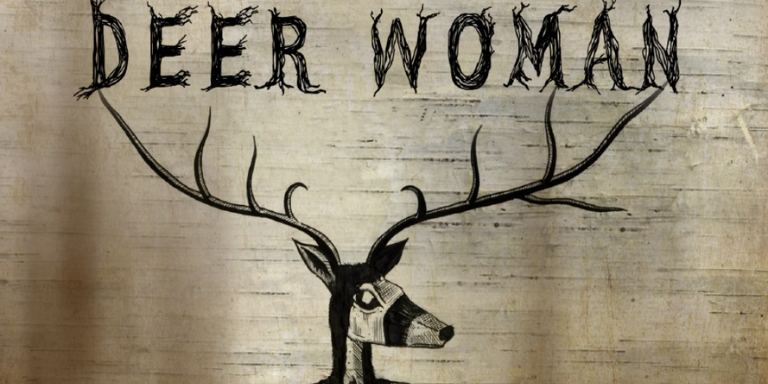 a pencil sketch of a dear bust with think antlers. Above it reads "Deer Woman"