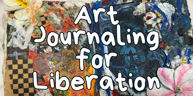A colorful journal with collage and paint