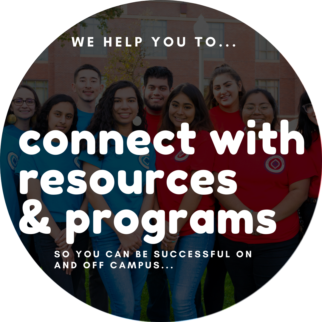 circular picture of diverse students overlapped by white text that says: We help you to... connect with resources & programs... so you can be successful on and off campus