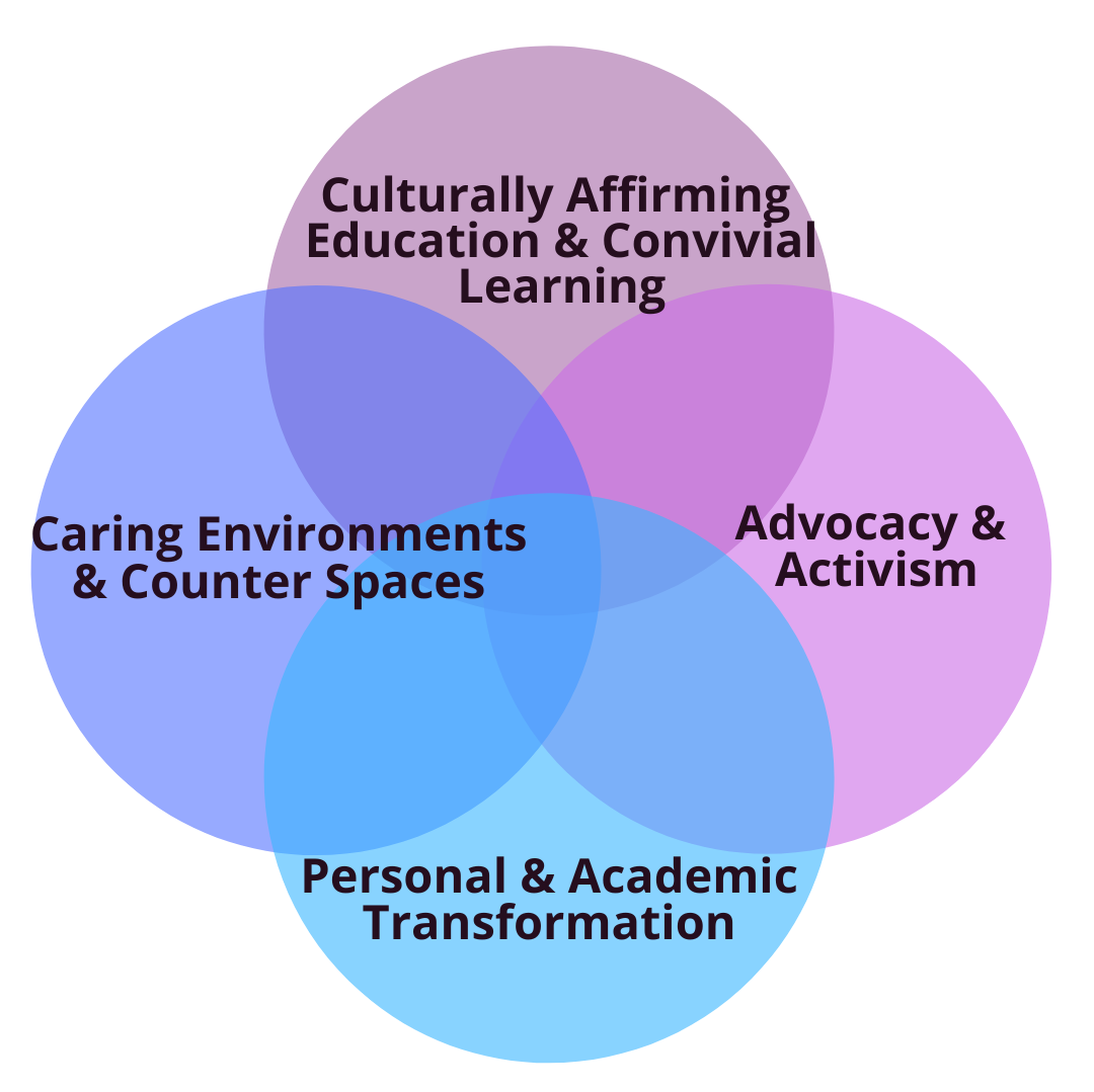 four circles in a ven diagram shape with the text around them that reads:personal and academic growth, convivial learning and popular education, caring environments and counter spaces, and advocacy and activism.