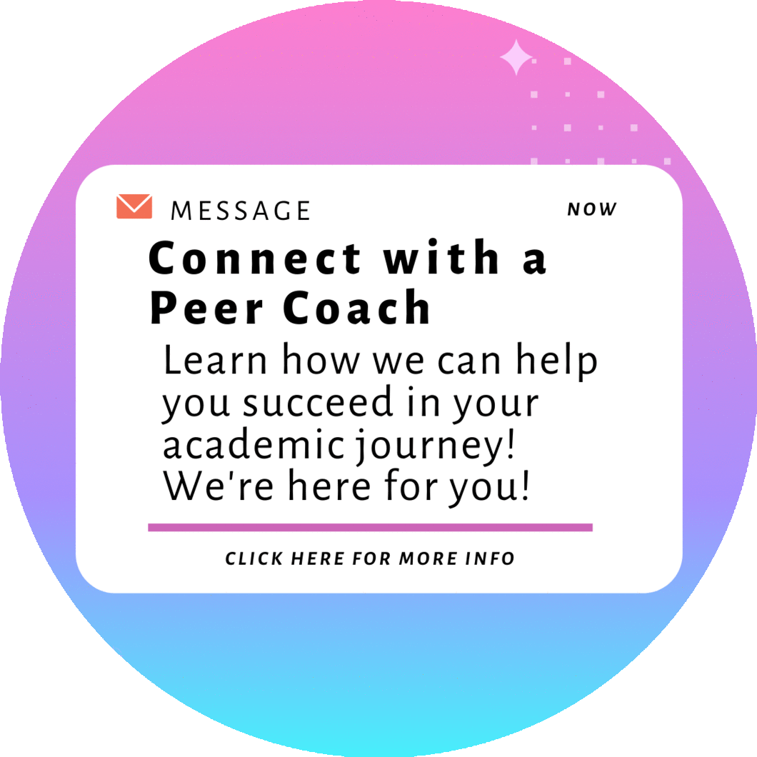 Graphic with text "Connect with a Peer Coach" Learn how we can help you succeed in your academic journey! We're here for you!