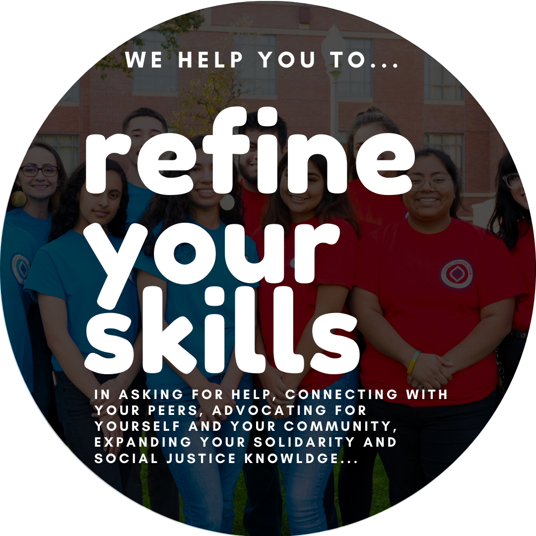 circular picture of diverse students overlapped by white text that says: We help you to... refine your skills... in asking for help, connecting with your peers, advocating for yourself and your community, expanding your solidarity and social justice knowledge...