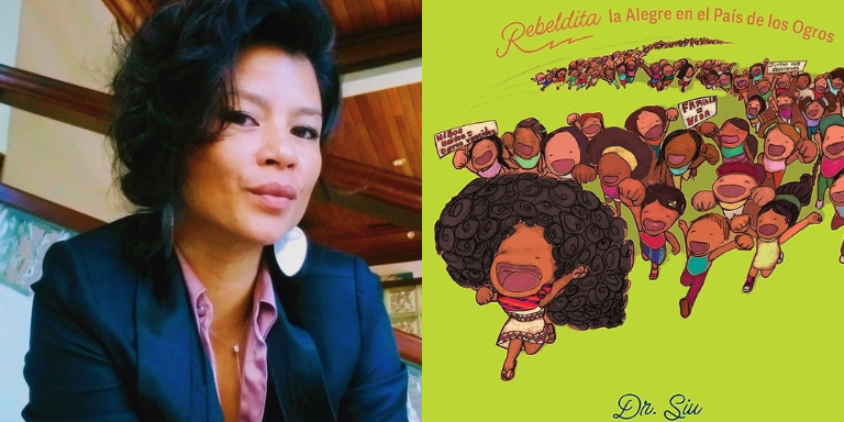 picture of Dr. Siu, short hair looking at the camera. Second half is the cover of the book, cartoon like drawing of a little girl leading hundreds of children.