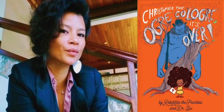 picture of Dr. Siu, short hair looking at the camera. Second half is the cover of the book, cartoon like drawing of a little girl smiling with a fist held high. She is in front of tree. Behind the tree is a blue orge. the text reads: "Christopher the Orge Cologre it's over".