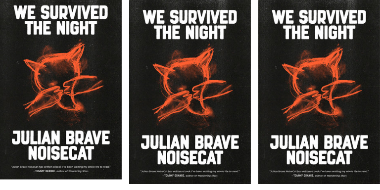 Book sleeve of We Survived the Night: black with an orange sketch of the head of a mammal covering their eyes