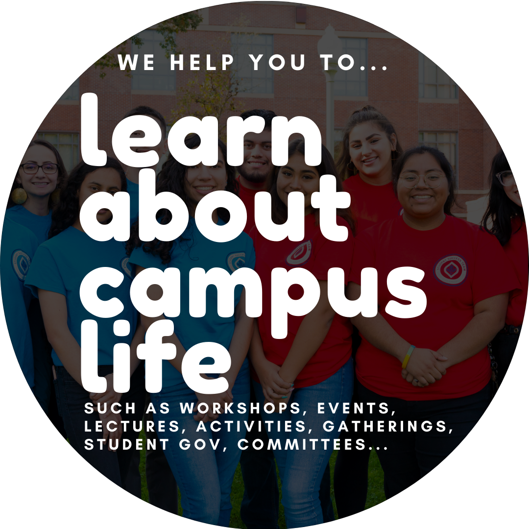 circular picture of diverse students overlapped by white text that says: We help you to... learn about campus life... such as workshops, events, lectures, activities, gatherings, meetings, committees