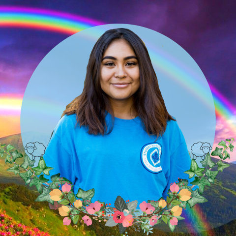 Profile picture of Aileen, she is smiling at the camera. She has shoulder length hair brown hair. She is wearing a blue t shirt. her background is a double rainbow, surrounded by graphics of sheep, flowers, and devil's ivy. 