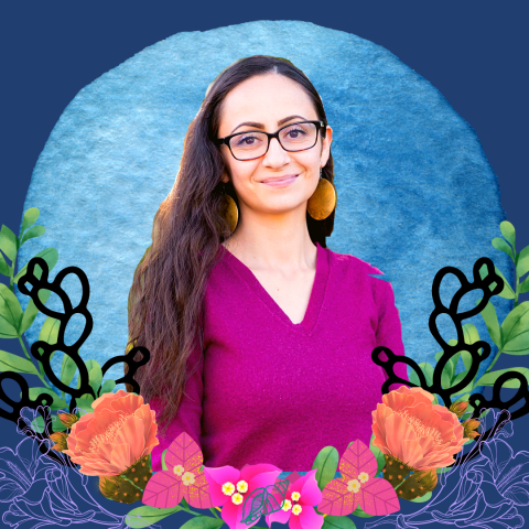 Profile picture of Malena smiling toward the camera. She is wearing glasses, a fuchsia sweater and her long dark brown hair is over one shoulder. She is surrounded by graphics of cacti, flowers and with a blue background