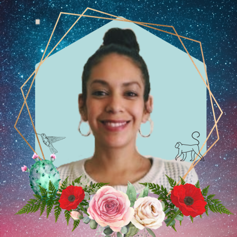 Profile picture of Melissa smiling towards the camera with a top bun, image around includes roses, poppy, cactus, monkey, hummingbird, and the background is a hexagon blue shape superimposed in a night sky.