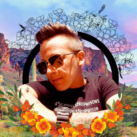 Profile picture of Dr. Roam with their face titlted and wearing sunglasses. Their hair is cut into a mohawk style and they are wearing a black shirt that reads "#schools not prisons", Their background is the Californian desert and they are surrounded by outlines of poppies, lilies, birds, armadillos, and pill bugs.