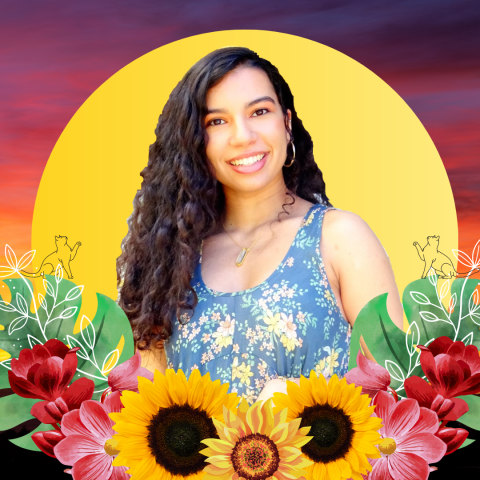 Profile picture of Sonali, she is smimiing at the camera with her long curly dark brown hair over one shouolder. She is wearing a flower print top. her background is a sunset and she is surrounded by graphics of cats, sunflowers, leaves and red flowers. 