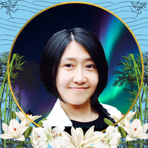 Profile picture of Quinn, she is smiling at the camera, has short black hair, with a braid going down her shoulder. She is surrounded by graphics of lilys, bamboo, the northern lights, and phoenix birds.