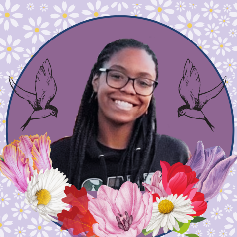 Profile picture of Kiyana, she is smiling at the camera, long braided hair, with glasses. Around her are graphics of lilys, daisys and sparrows