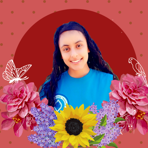 Profile picture of Mariana smiling at the camera, wearing a blue shirt and long curly black hair. She is surrounded by graphics of lilacs, dalihas, sunflowers, butterfly, monkey, parrot, horse in a monotone red and coral background