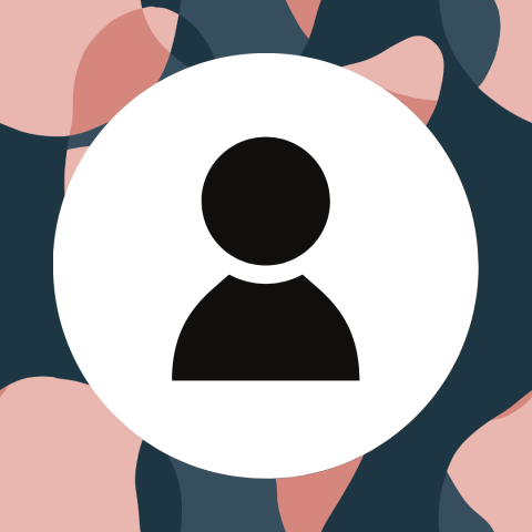 icon of a person with a white circle around it, and pink and blue abstract shapes in the background