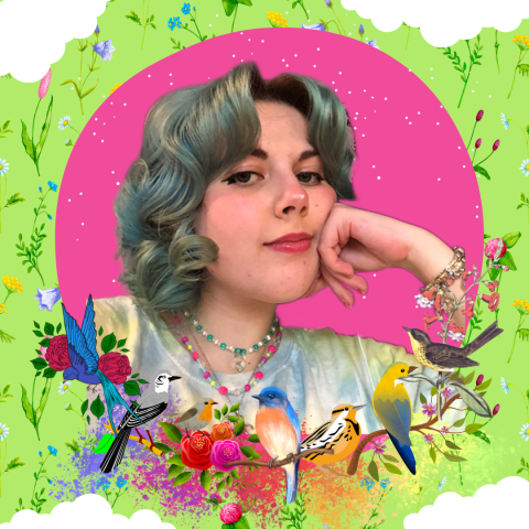 Image of Birdie with short green hair looking at the camera. Picture border is surrounded with birds, wildflowers and clouds.